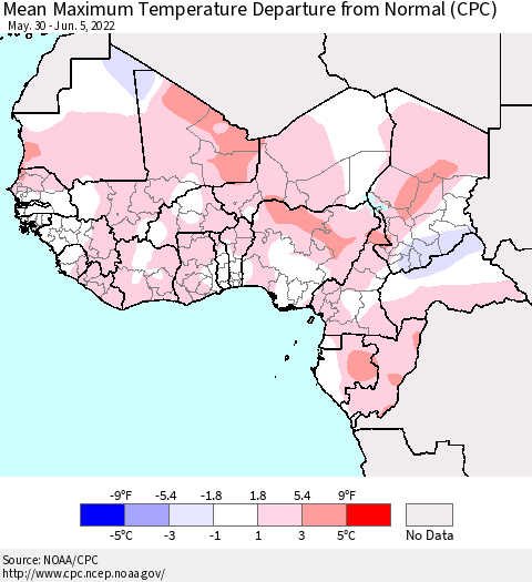 Western Africa Mean Maximum Temperature Departure from Normal (CPC) Thematic Map For 5/30/2022 - 6/5/2022