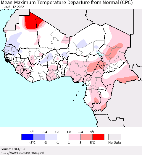 Western Africa Mean Maximum Temperature Departure from Normal (CPC) Thematic Map For 6/6/2022 - 6/12/2022