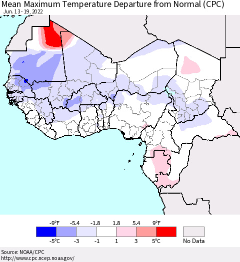 Western Africa Mean Maximum Temperature Departure from Normal (CPC) Thematic Map For 6/13/2022 - 6/19/2022