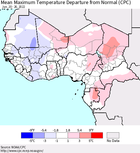 Western Africa Mean Maximum Temperature Departure from Normal (CPC) Thematic Map For 6/20/2022 - 6/26/2022