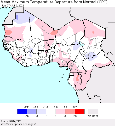 Western Africa Mean Maximum Temperature Departure from Normal (CPC) Thematic Map For 6/27/2022 - 7/3/2022