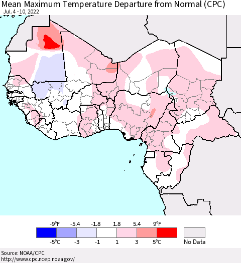 Western Africa Mean Maximum Temperature Departure from Normal (CPC) Thematic Map For 7/4/2022 - 7/10/2022