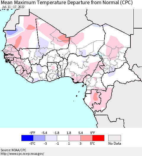Western Africa Mean Maximum Temperature Departure from Normal (CPC) Thematic Map For 7/11/2022 - 7/17/2022