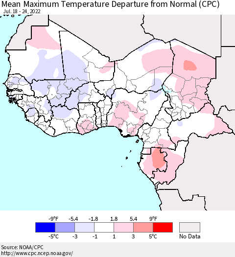 Western Africa Mean Maximum Temperature Departure from Normal (CPC) Thematic Map For 7/18/2022 - 7/24/2022