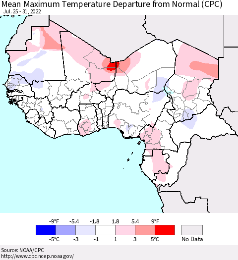 Western Africa Mean Maximum Temperature Departure from Normal (CPC) Thematic Map For 7/25/2022 - 7/31/2022