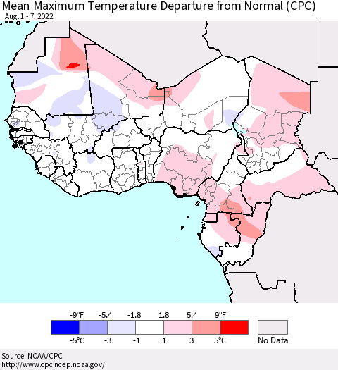 Western Africa Mean Maximum Temperature Departure from Normal (CPC) Thematic Map For 8/1/2022 - 8/7/2022