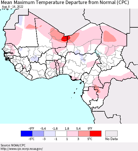 Western Africa Mean Maximum Temperature Departure from Normal (CPC) Thematic Map For 8/8/2022 - 8/14/2022