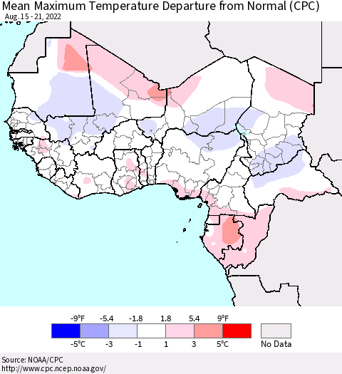 Western Africa Mean Maximum Temperature Departure from Normal (CPC) Thematic Map For 8/15/2022 - 8/21/2022
