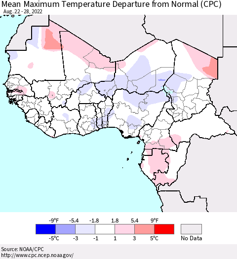 Western Africa Mean Maximum Temperature Departure from Normal (CPC) Thematic Map For 8/22/2022 - 8/28/2022
