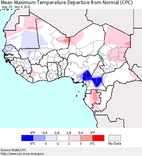 Western Africa Mean Maximum Temperature Departure from Normal (CPC) Thematic Map For 8/29/2022 - 9/4/2022