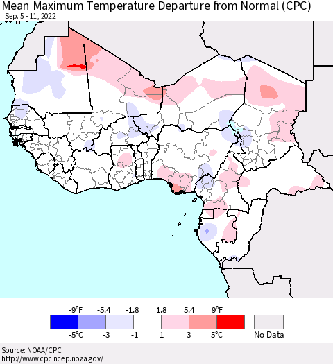 Western Africa Mean Maximum Temperature Departure from Normal (CPC) Thematic Map For 9/5/2022 - 9/11/2022