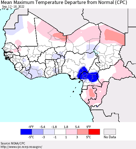 Western Africa Mean Maximum Temperature Departure from Normal (CPC) Thematic Map For 9/12/2022 - 9/18/2022