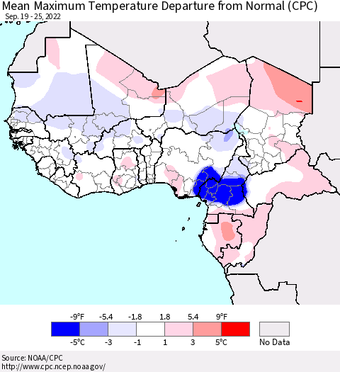 Western Africa Mean Maximum Temperature Departure from Normal (CPC) Thematic Map For 9/19/2022 - 9/25/2022