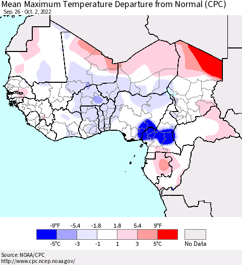 Western Africa Mean Maximum Temperature Departure from Normal (CPC) Thematic Map For 9/26/2022 - 10/2/2022