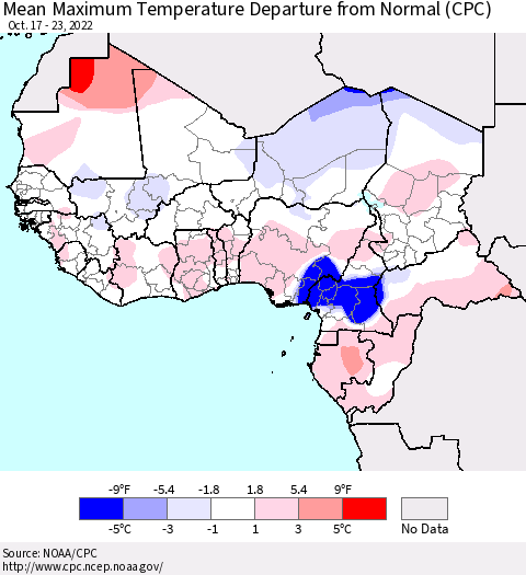 Western Africa Mean Maximum Temperature Departure from Normal (CPC) Thematic Map For 10/17/2022 - 10/23/2022