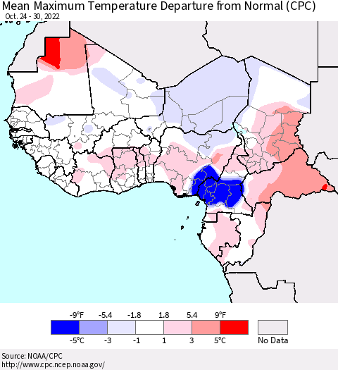 Western Africa Mean Maximum Temperature Departure from Normal (CPC) Thematic Map For 10/24/2022 - 10/30/2022