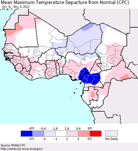 Western Africa Mean Maximum Temperature Departure from Normal (CPC) Thematic Map For 10/31/2022 - 11/6/2022