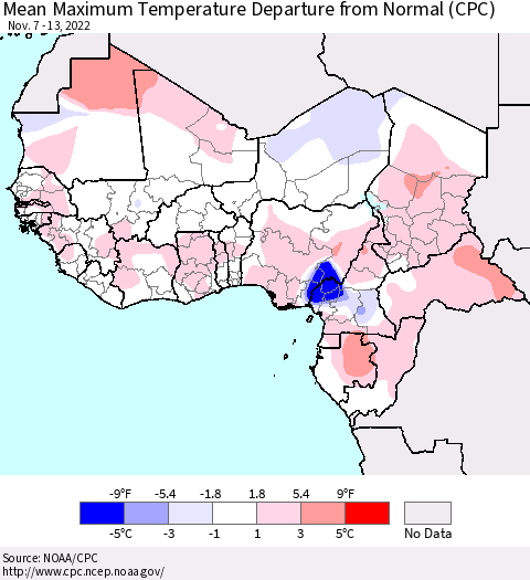 Western Africa Mean Maximum Temperature Departure from Normal (CPC) Thematic Map For 11/7/2022 - 11/13/2022