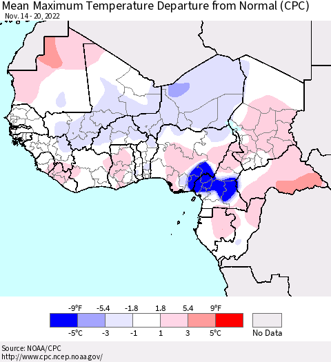Western Africa Mean Maximum Temperature Departure from Normal (CPC) Thematic Map For 11/14/2022 - 11/20/2022