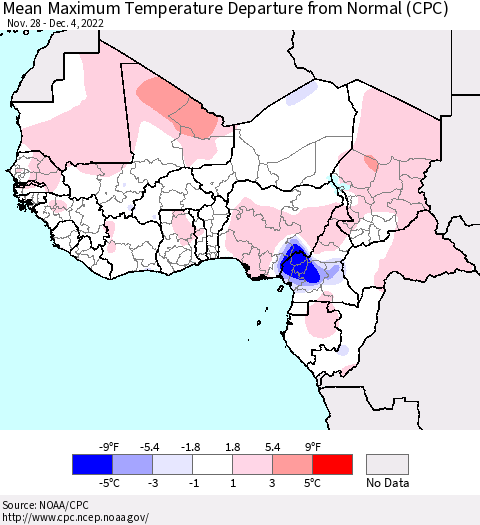Western Africa Mean Maximum Temperature Departure from Normal (CPC) Thematic Map For 11/28/2022 - 12/4/2022