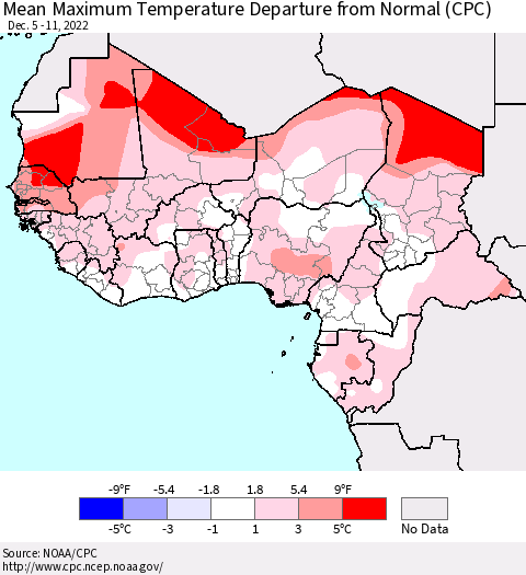Western Africa Mean Maximum Temperature Departure from Normal (CPC) Thematic Map For 12/5/2022 - 12/11/2022