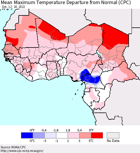 Western Africa Mean Maximum Temperature Departure from Normal (CPC) Thematic Map For 12/12/2022 - 12/18/2022