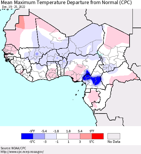 Western Africa Mean Maximum Temperature Departure from Normal (CPC) Thematic Map For 12/19/2022 - 12/25/2022