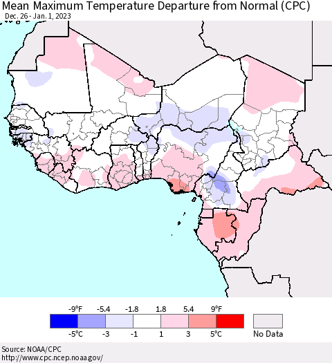 Western Africa Mean Maximum Temperature Departure from Normal (CPC) Thematic Map For 12/26/2022 - 1/1/2023