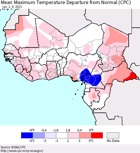Western Africa Mean Maximum Temperature Departure from Normal (CPC) Thematic Map For 1/2/2023 - 1/8/2023