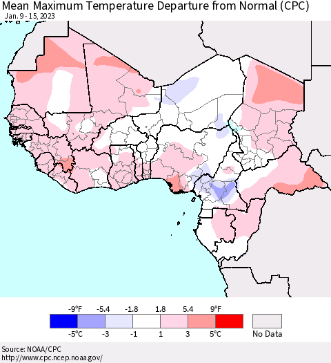 Western Africa Mean Maximum Temperature Departure from Normal (CPC) Thematic Map For 1/9/2023 - 1/15/2023