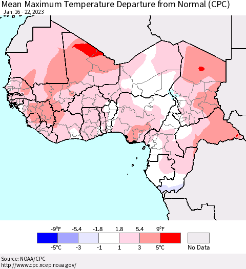 Western Africa Mean Maximum Temperature Departure from Normal (CPC) Thematic Map For 1/16/2023 - 1/22/2023