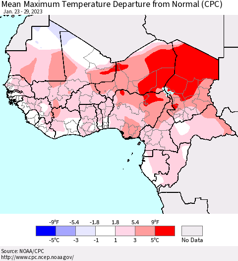 Western Africa Mean Maximum Temperature Departure from Normal (CPC) Thematic Map For 1/23/2023 - 1/29/2023