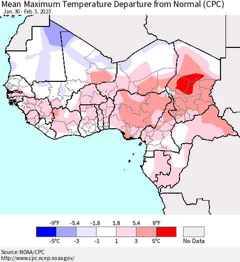Western Africa Mean Maximum Temperature Departure from Normal (CPC) Thematic Map For 1/30/2023 - 2/5/2023