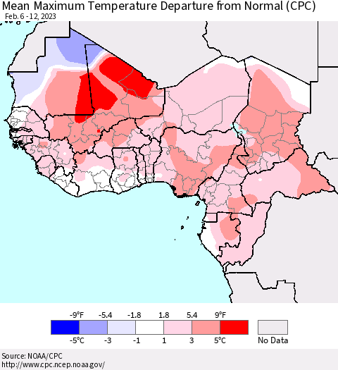 Western Africa Mean Maximum Temperature Departure from Normal (CPC) Thematic Map For 2/6/2023 - 2/12/2023