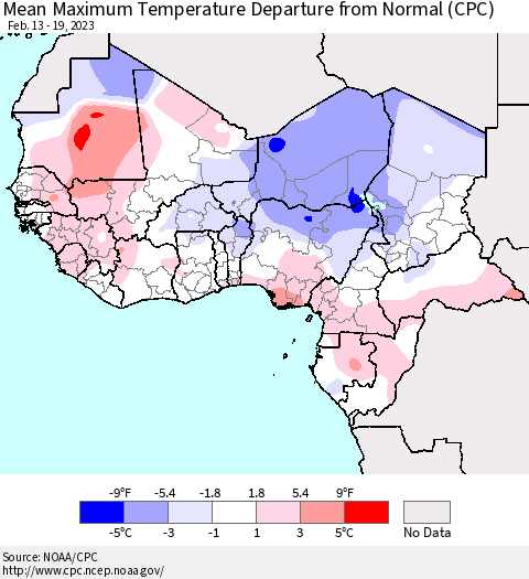 Western Africa Mean Maximum Temperature Departure from Normal (CPC) Thematic Map For 2/13/2023 - 2/19/2023