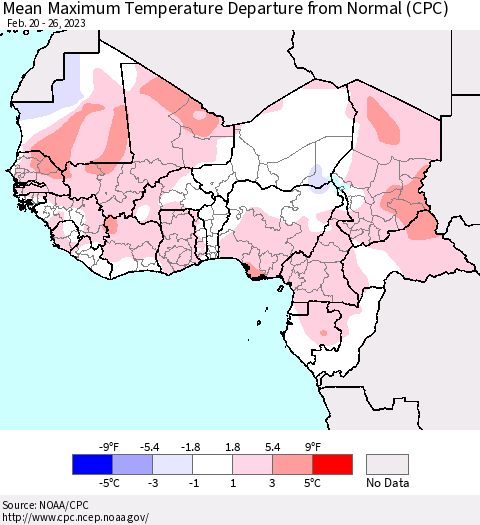 Western Africa Mean Maximum Temperature Departure from Normal (CPC) Thematic Map For 2/20/2023 - 2/26/2023