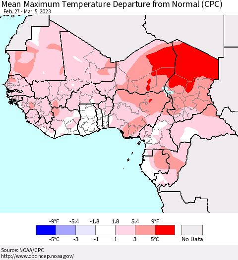 Western Africa Mean Maximum Temperature Departure from Normal (CPC) Thematic Map For 2/27/2023 - 3/5/2023