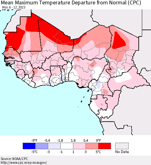 Western Africa Mean Maximum Temperature Departure from Normal (CPC) Thematic Map For 3/6/2023 - 3/12/2023