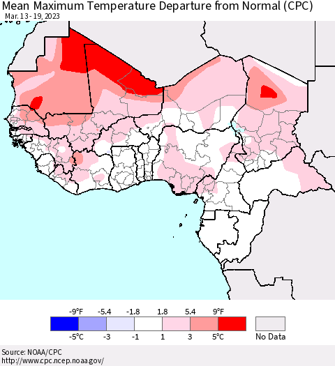 Western Africa Mean Maximum Temperature Departure from Normal (CPC) Thematic Map For 3/13/2023 - 3/19/2023