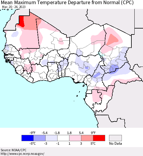 Western Africa Mean Maximum Temperature Departure from Normal (CPC) Thematic Map For 3/20/2023 - 3/26/2023