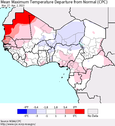 Western Africa Mean Maximum Temperature Departure from Normal (CPC) Thematic Map For 3/27/2023 - 4/2/2023