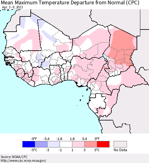 Western Africa Mean Maximum Temperature Departure from Normal (CPC) Thematic Map For 4/3/2023 - 4/9/2023