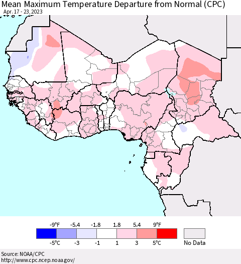 Western Africa Mean Maximum Temperature Departure from Normal (CPC) Thematic Map For 4/17/2023 - 4/23/2023