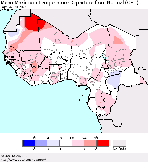 Western Africa Mean Maximum Temperature Departure from Normal (CPC) Thematic Map For 4/24/2023 - 4/30/2023