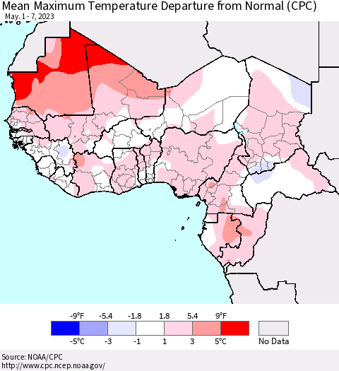 Western Africa Mean Maximum Temperature Departure from Normal (CPC) Thematic Map For 5/1/2023 - 5/7/2023