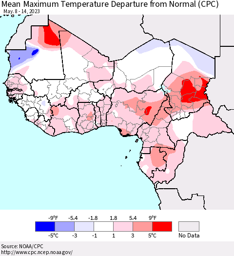 Western Africa Mean Maximum Temperature Departure from Normal (CPC) Thematic Map For 5/8/2023 - 5/14/2023
