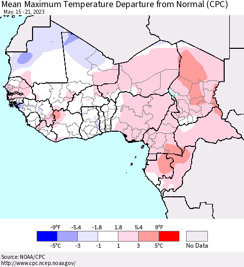 Western Africa Mean Maximum Temperature Departure from Normal (CPC) Thematic Map For 5/15/2023 - 5/21/2023