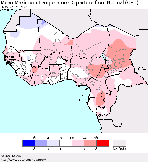 Western Africa Mean Maximum Temperature Departure from Normal (CPC) Thematic Map For 5/22/2023 - 5/28/2023