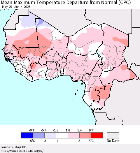 Western Africa Mean Maximum Temperature Departure from Normal (CPC) Thematic Map For 5/29/2023 - 6/4/2023