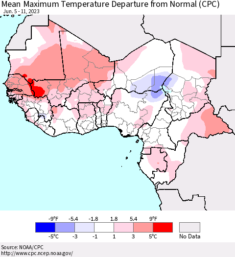Western Africa Mean Maximum Temperature Departure from Normal (CPC) Thematic Map For 6/5/2023 - 6/11/2023